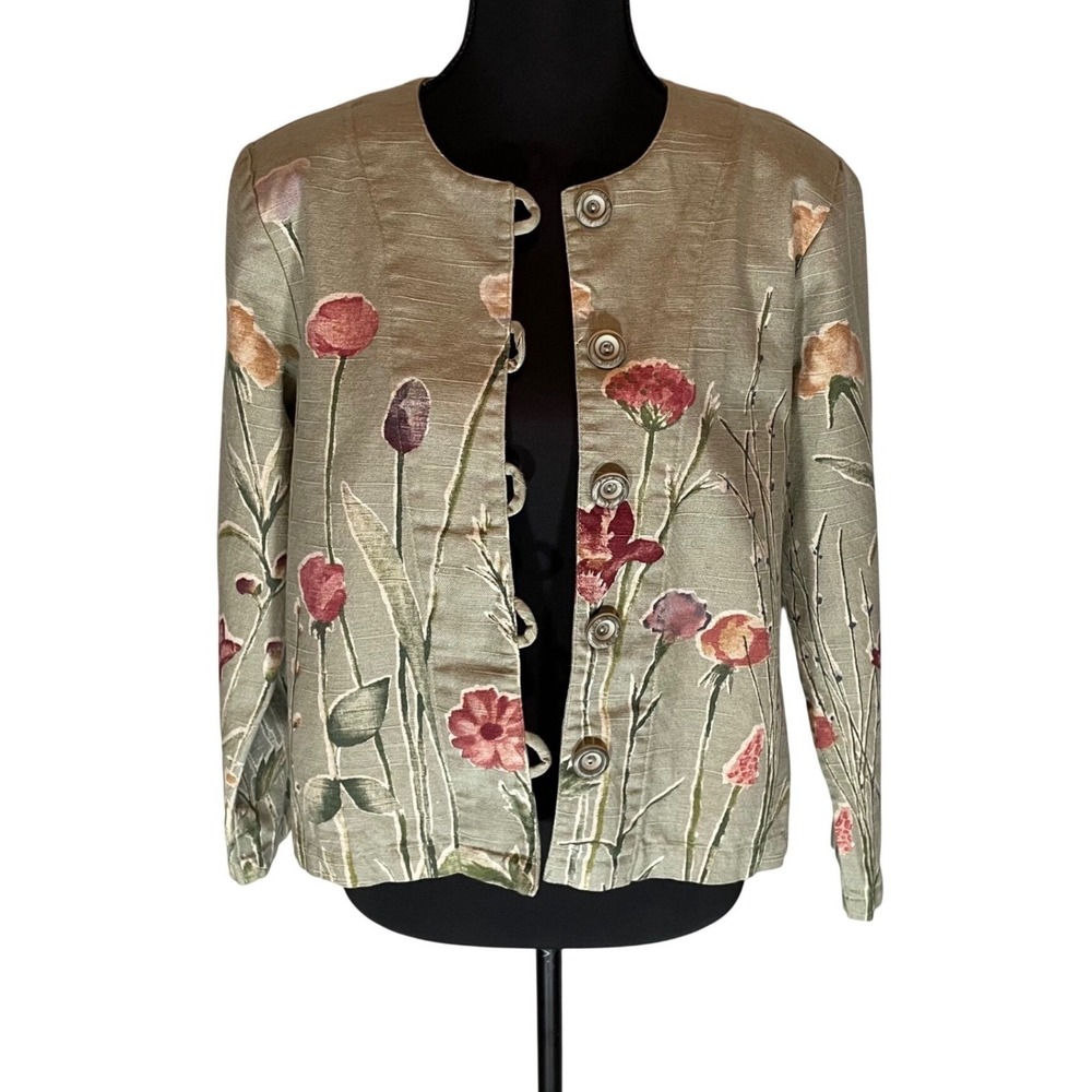 VTG Coldwater Creek Floral Cotton Flax Blazer Jacket Sage Green PXS Made USA‎